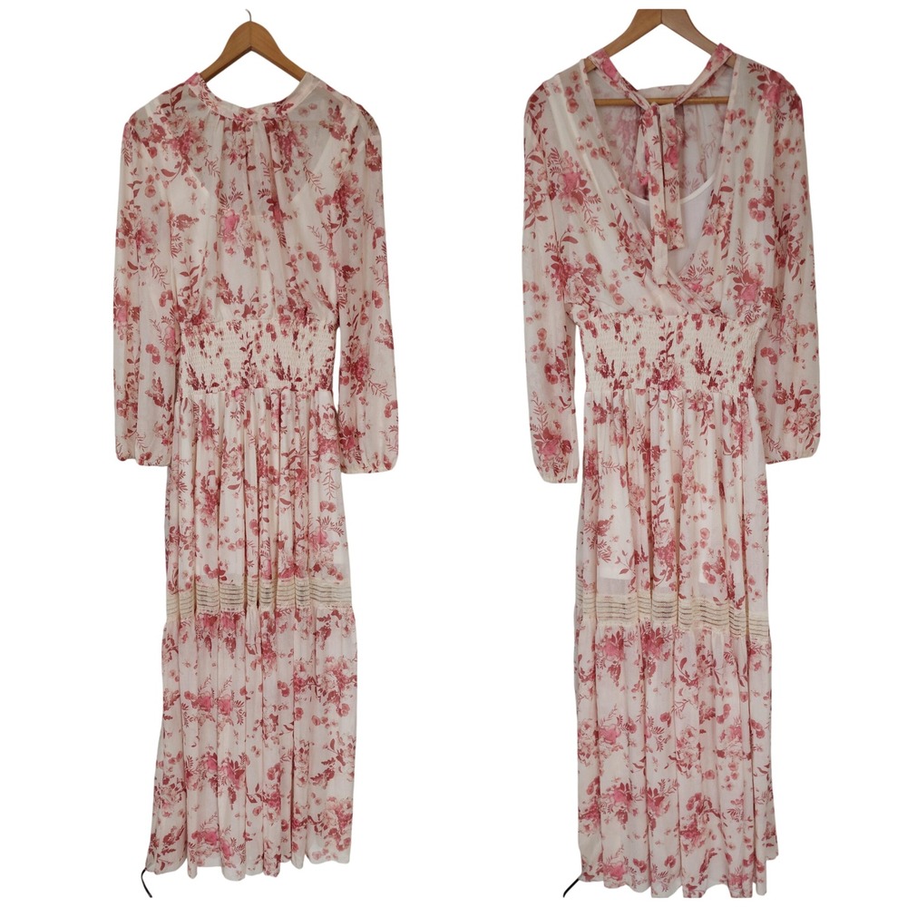 Miaā Joy by Joyfolie Floral Mesh Maxi Dress Pink Tie Back Size Large